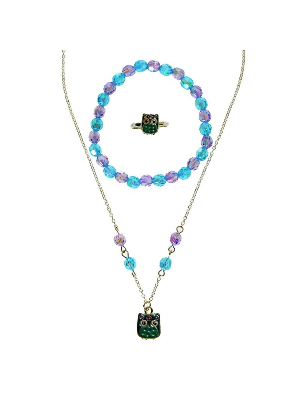 Claires Club Owl Jewelry Set Necklace Bracelet Ring Silver Bead Purple Blue